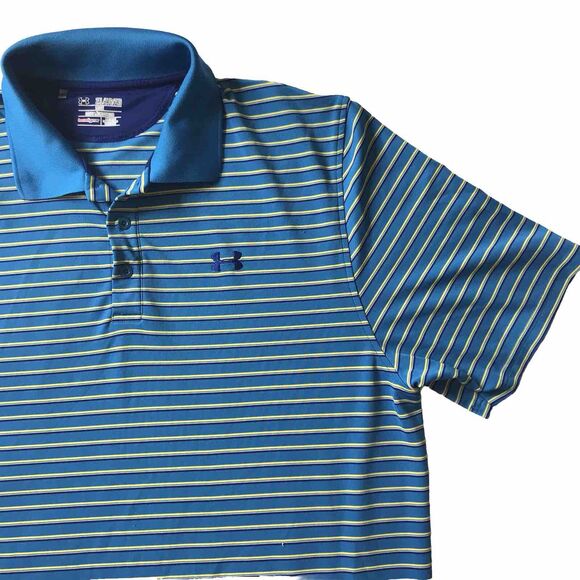 Under Armour Polo Shirt Men 2XL Blue Short Sleeve Stripe Loose Fit Heatgear Golf - Picture 1 of 8